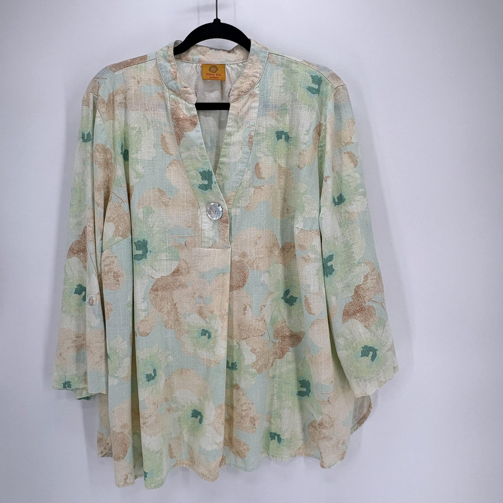 Ruby Rd. Tunic Womens 2X Green Beige Floral Print Button Front Top
